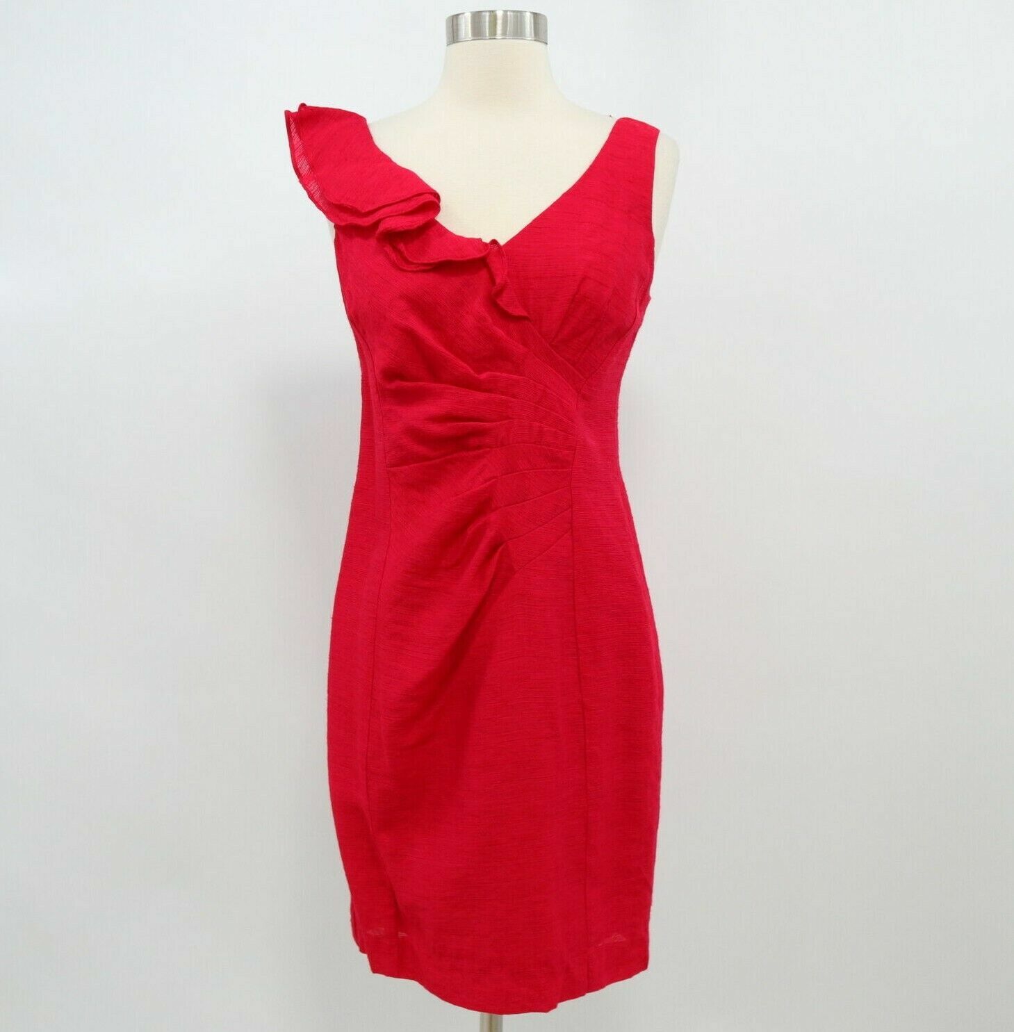 Nanette Lepore Sheath Dress Womens 2 Red Ruffles Ruched V-Neck Larkspur