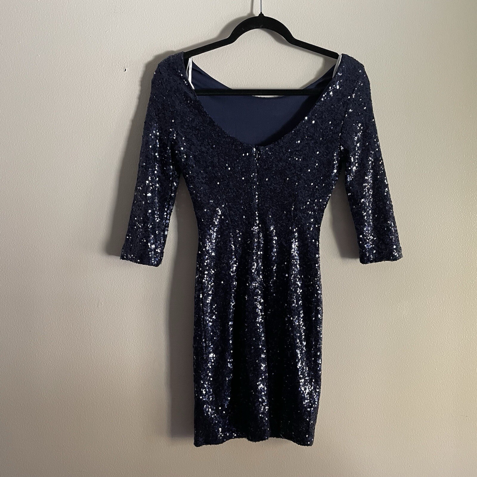 Lulus Women XS Navy Blue Sequin Scoop Back 3/4 Sleeve Delightful Ways Mini Dress