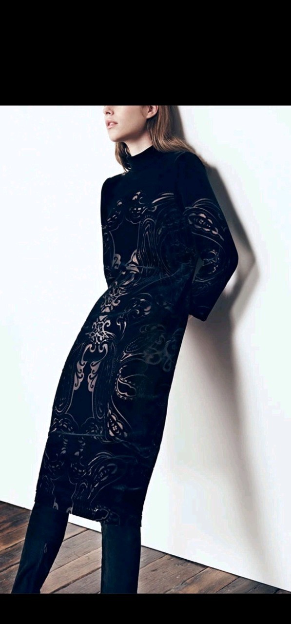 ZARA devore velvel midi coloumn slip BLACK LONG SILK VELVET DEVORE DRESS sz S
