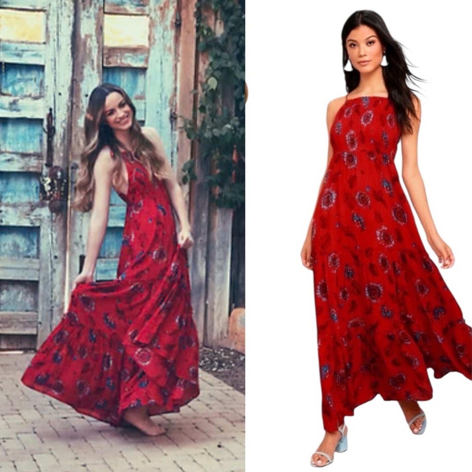 FREE PEOPLE Red Floral Smocked Tiered Maxi Dress Size XS