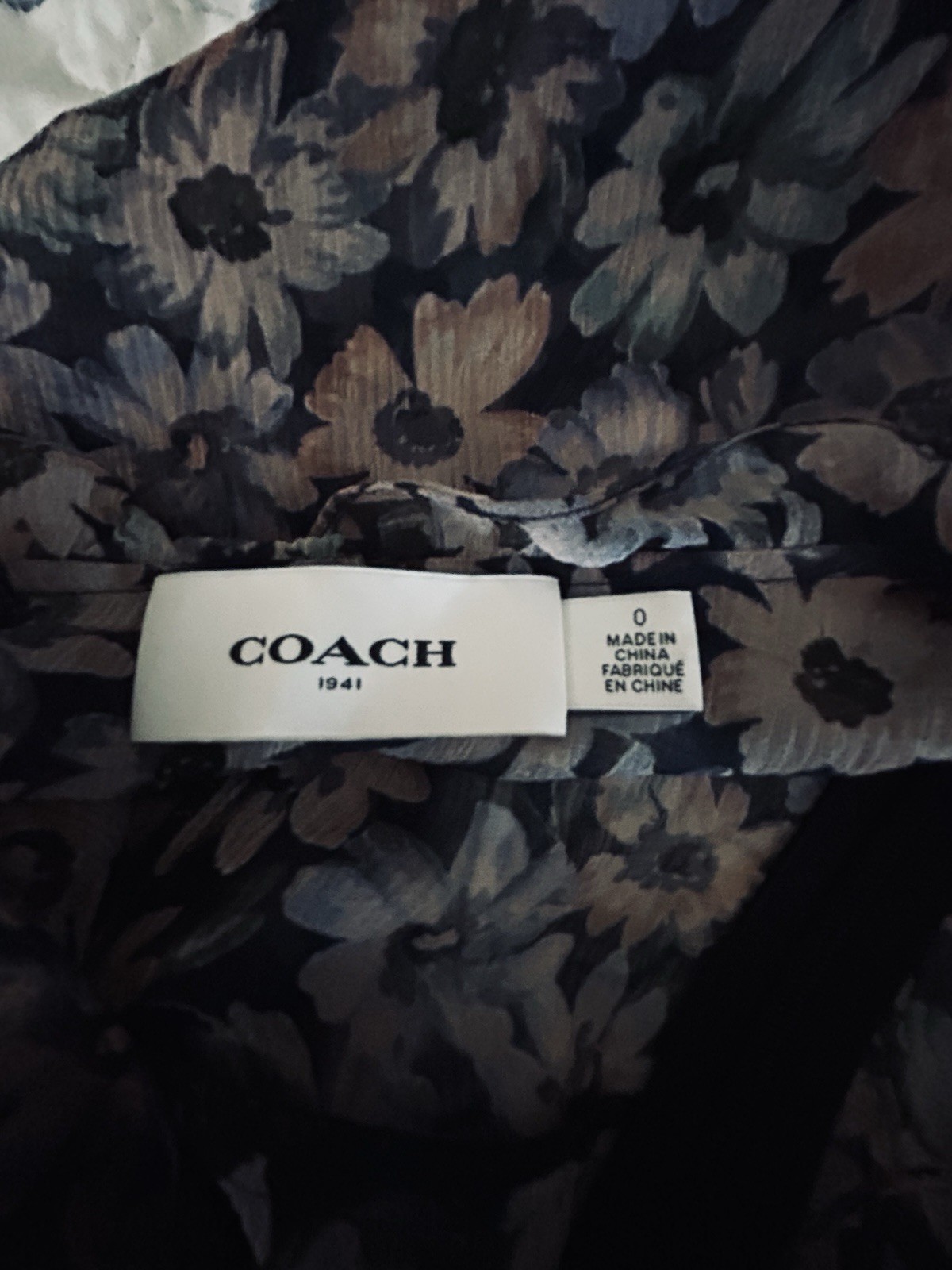Coach 0 Silk Chiffon Floral Black/Blue/Beige V-Neck Short Sleeve Midi Ruffle