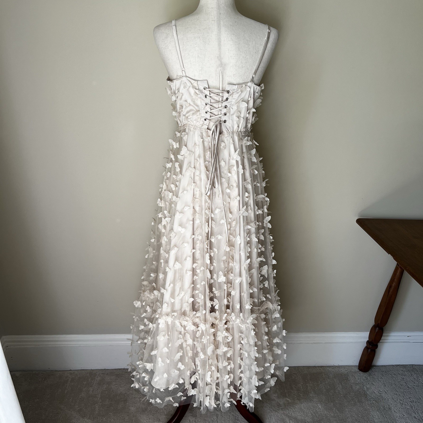 Butterfly Applique Lace Up Corset Midi Dress Cream Romantic Sz L Off White Tulle