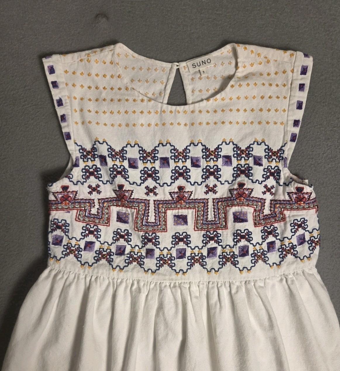 Suno NY White Cotton Geometric Embroidered Boho Sleeveless Midi Dress Size 2