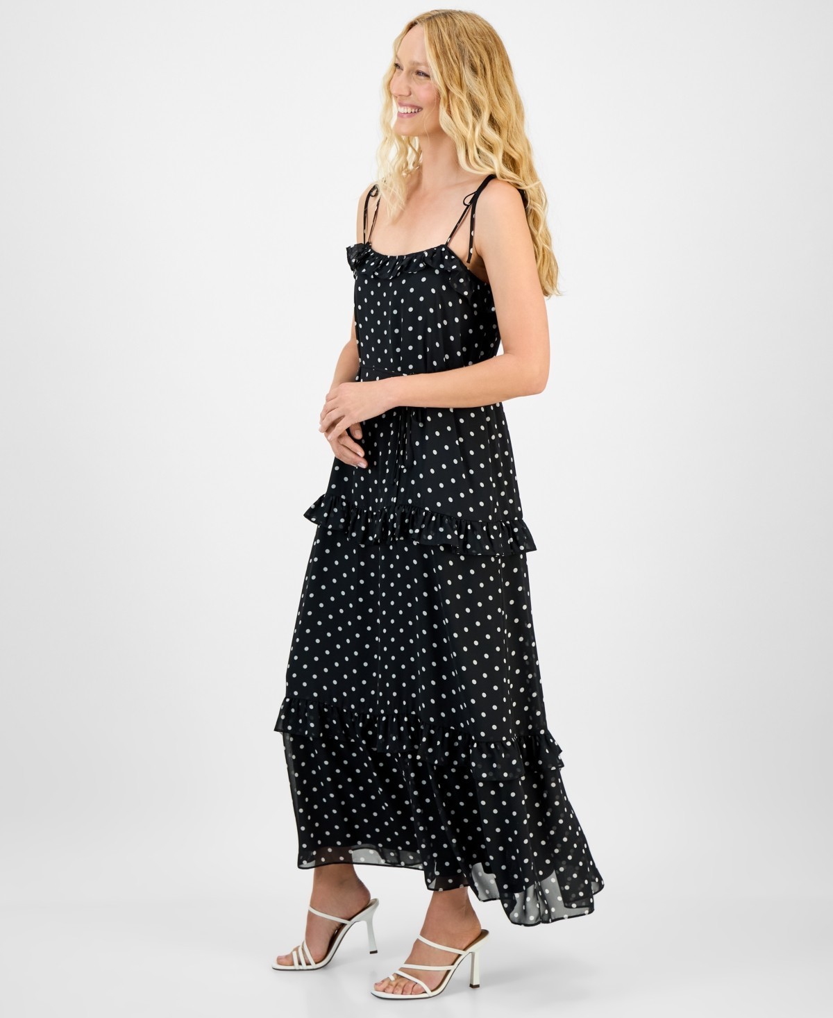 Julia Jordan Tie-Strap Ruffle-Tier Maxi Dress Women’s XL Black White Polka Dots