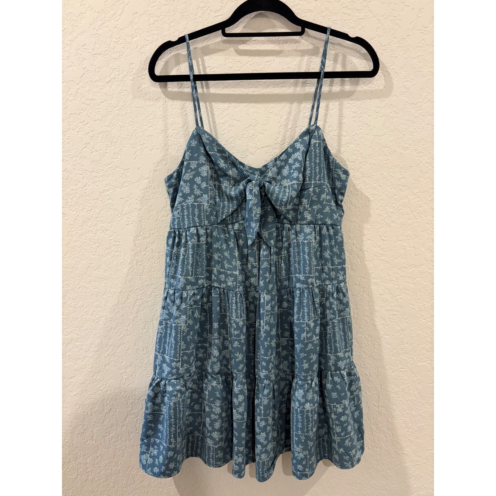 Altar’d State Blue Floral Patchwork Tie Front Tiered Mini Dress Large