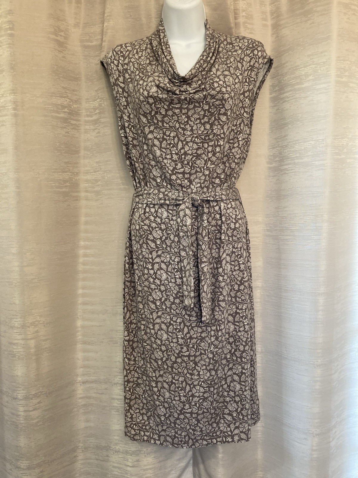 Merona Womens Taupe And White Floral Cowl Neck Midi Dress With Tie Belt XS