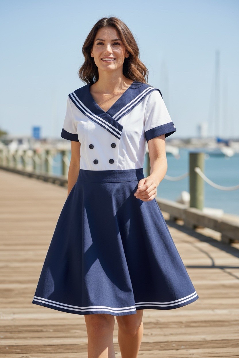 CHICstar Nautical Sailor Pin Up Dress Rockabilly Retro Navy White Swing S NWT
