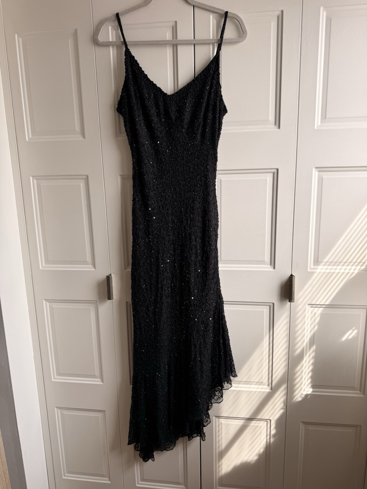 Vintage STENAY Black Beaded Silk Dress Y2K Asymmetrical Hem Fairy Whimsigoth