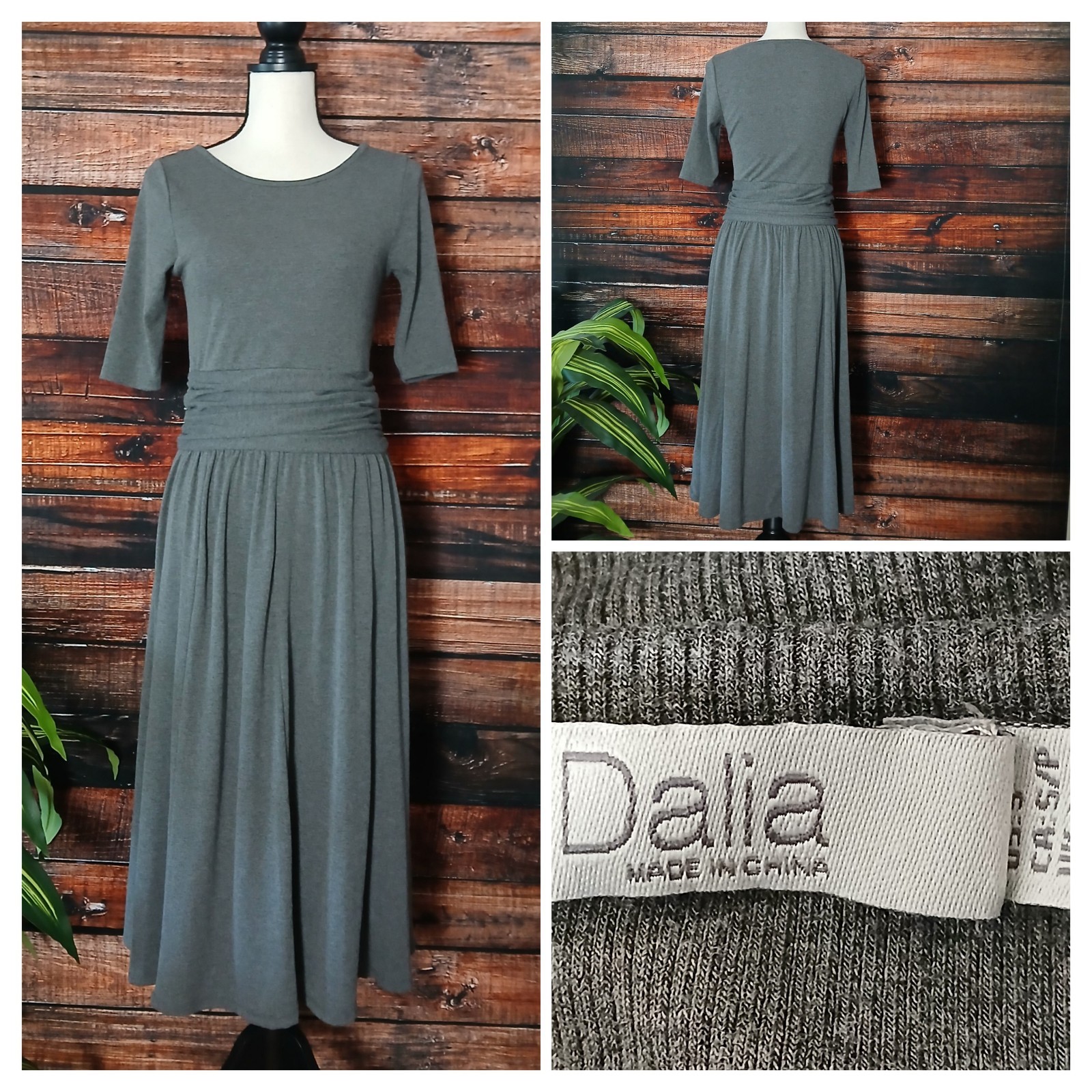 Dalia Midi Dress Size Small Grey Knit Smocked Waist Full Skirt Fit & Flare