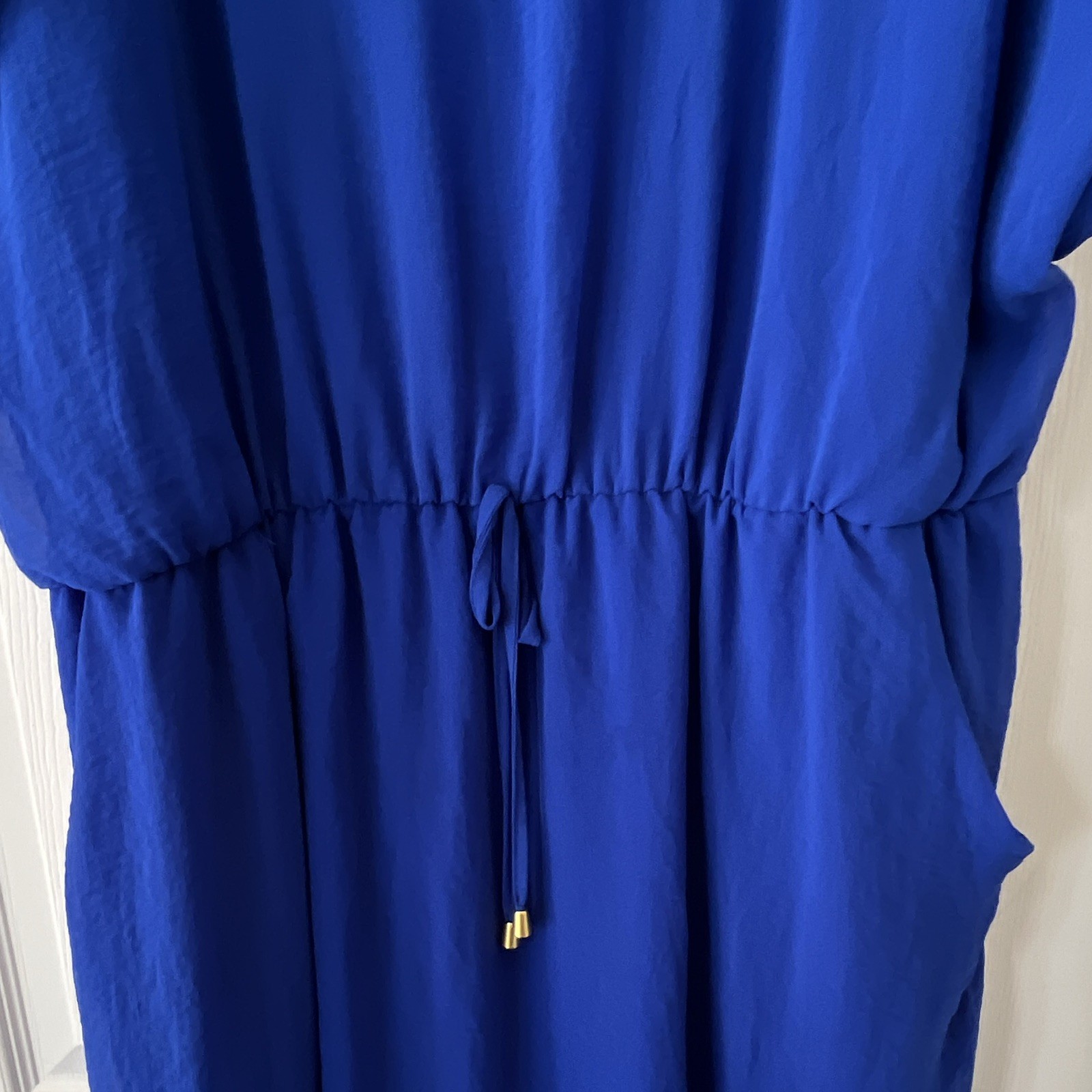 Tacera Royal Blue Boat Neck Drawstring Waist Chiffon Dress with Pockets Plus 3X