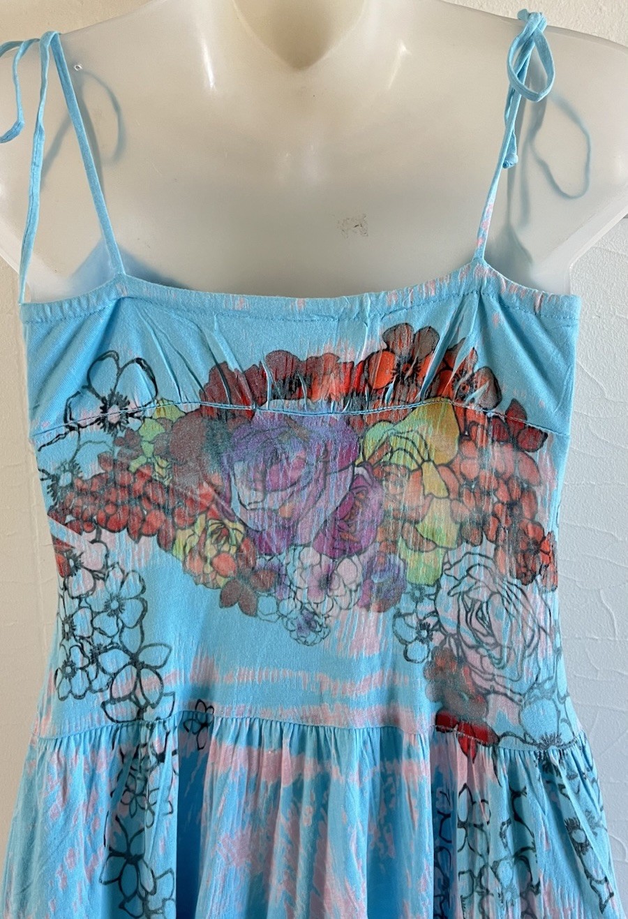 Vtg 1990s Y2K Butterfly Dropout Tiered Turquoise Tattoo Print Mini Dress-XS USA
