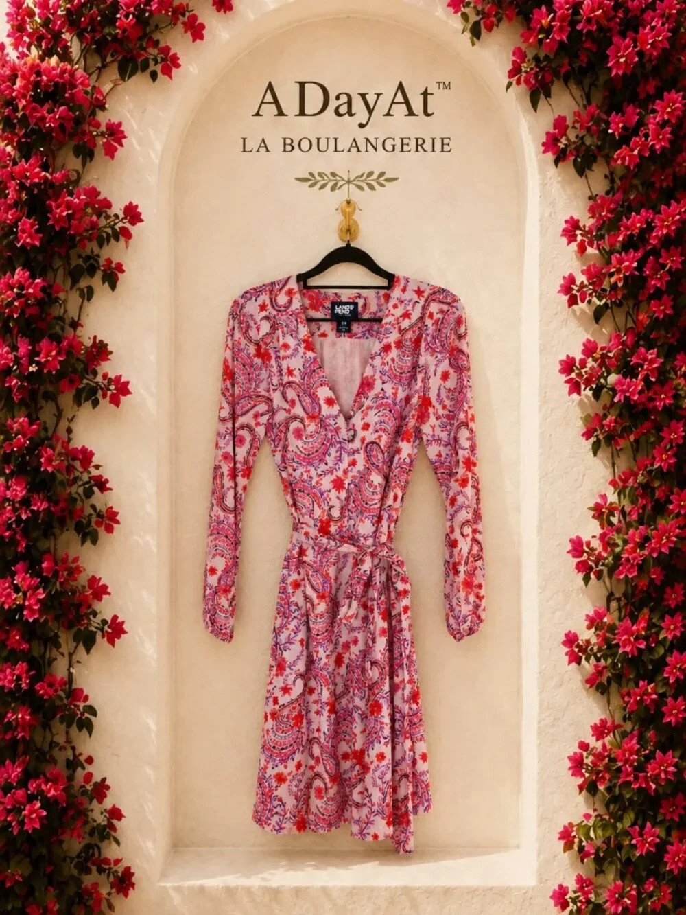 Lands’ End Paisley Wrap Dress Pink Red Long Sleeve Tie Waist 4P Petite