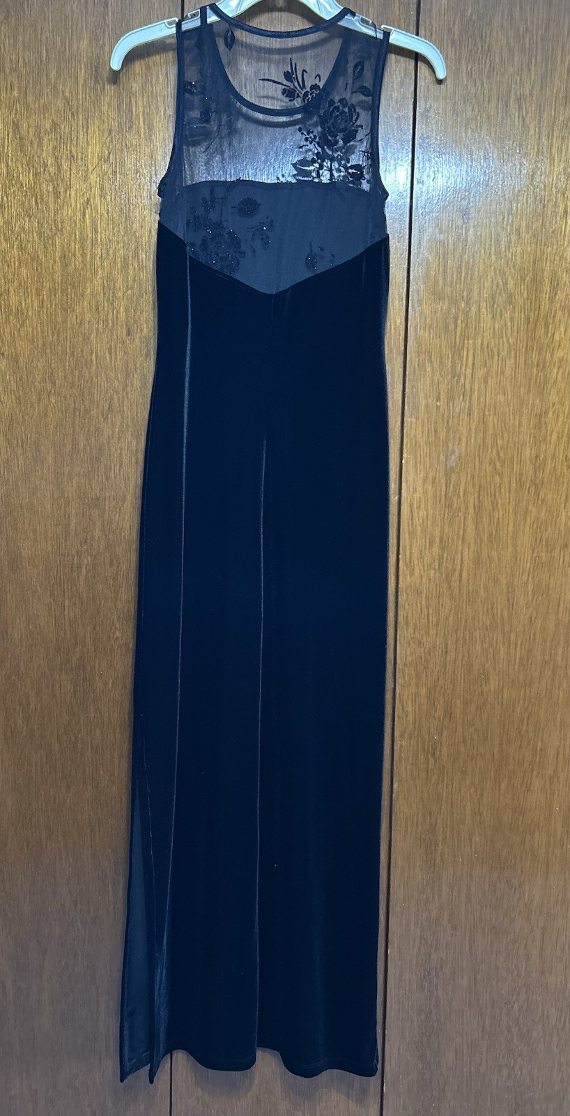 Vintage Black Velvet Gown Side Split Mesh Bodice Velvet Flocking Sz Med Jrs•NWT