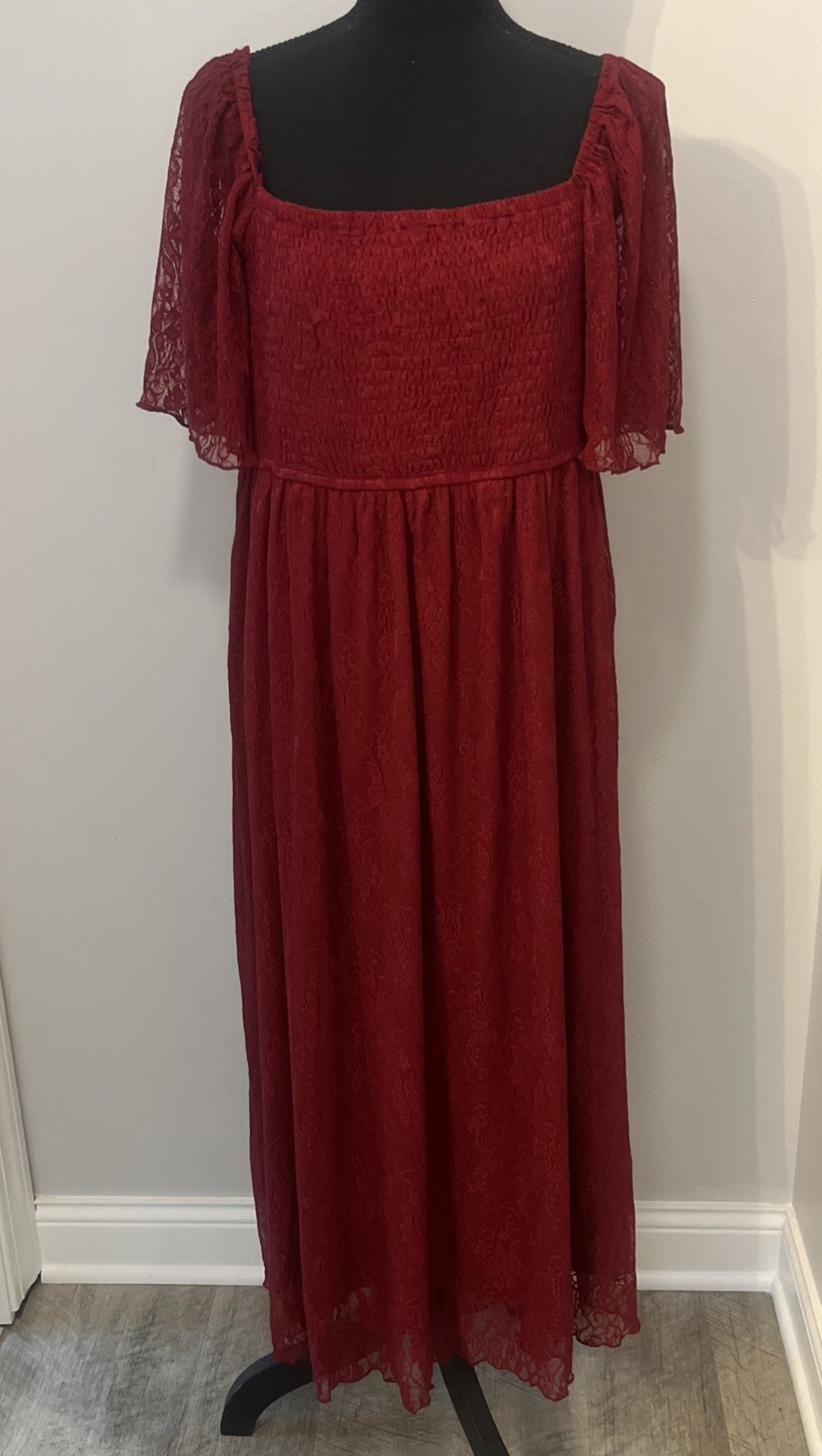 SCOMCHIC Red Wine Peasant Lace Maxi Dress Plus Sz 2XL Smocked