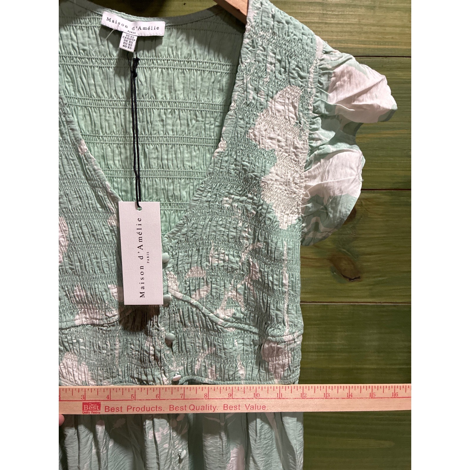 Maison d’Amelie Paris Mint Green Floral Smocked Maxi Dress Ruffle Sleeve XS NEW