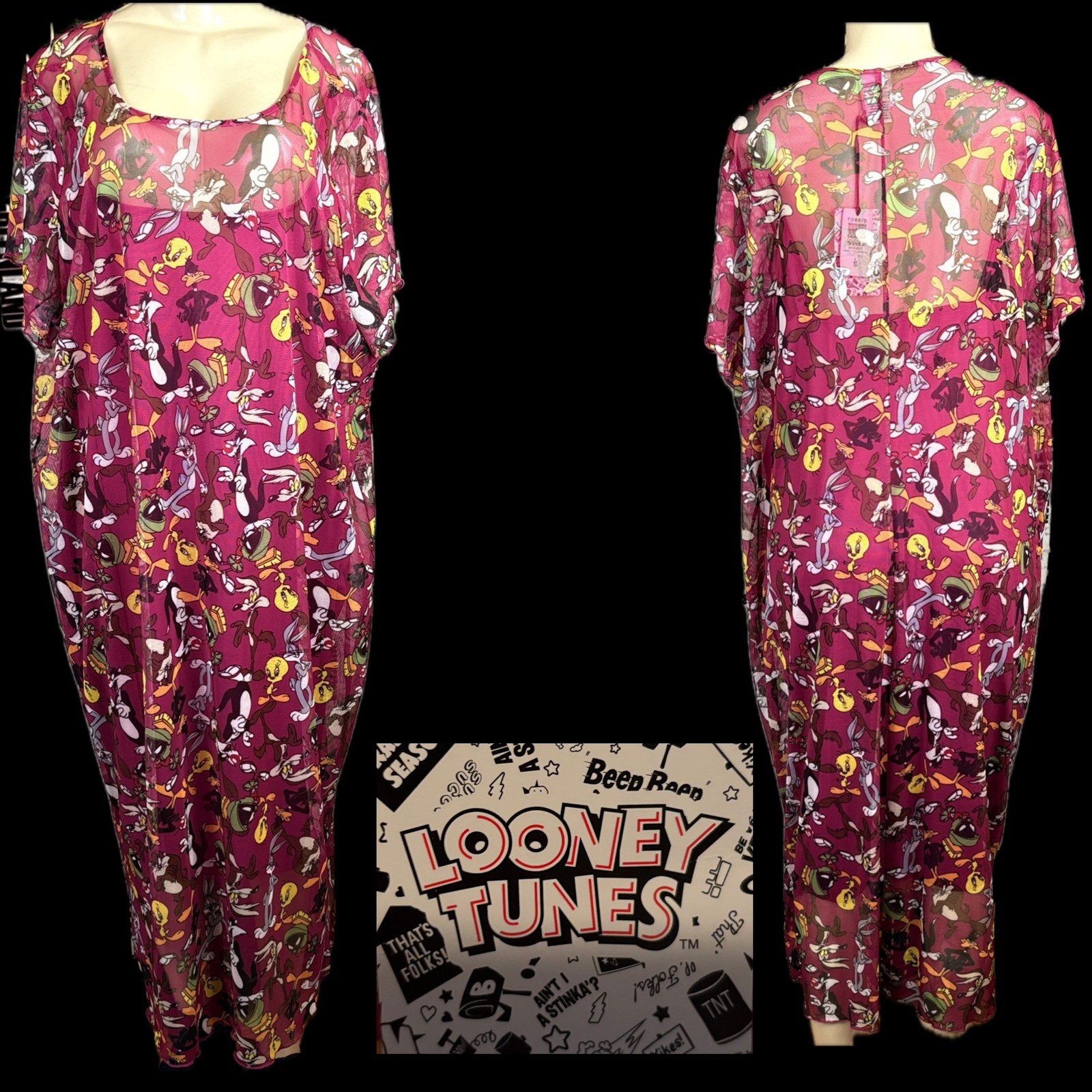 Looney Tunes Character Print Mesh Lined Midi T-Shirt Style Dress Magenta XL-1