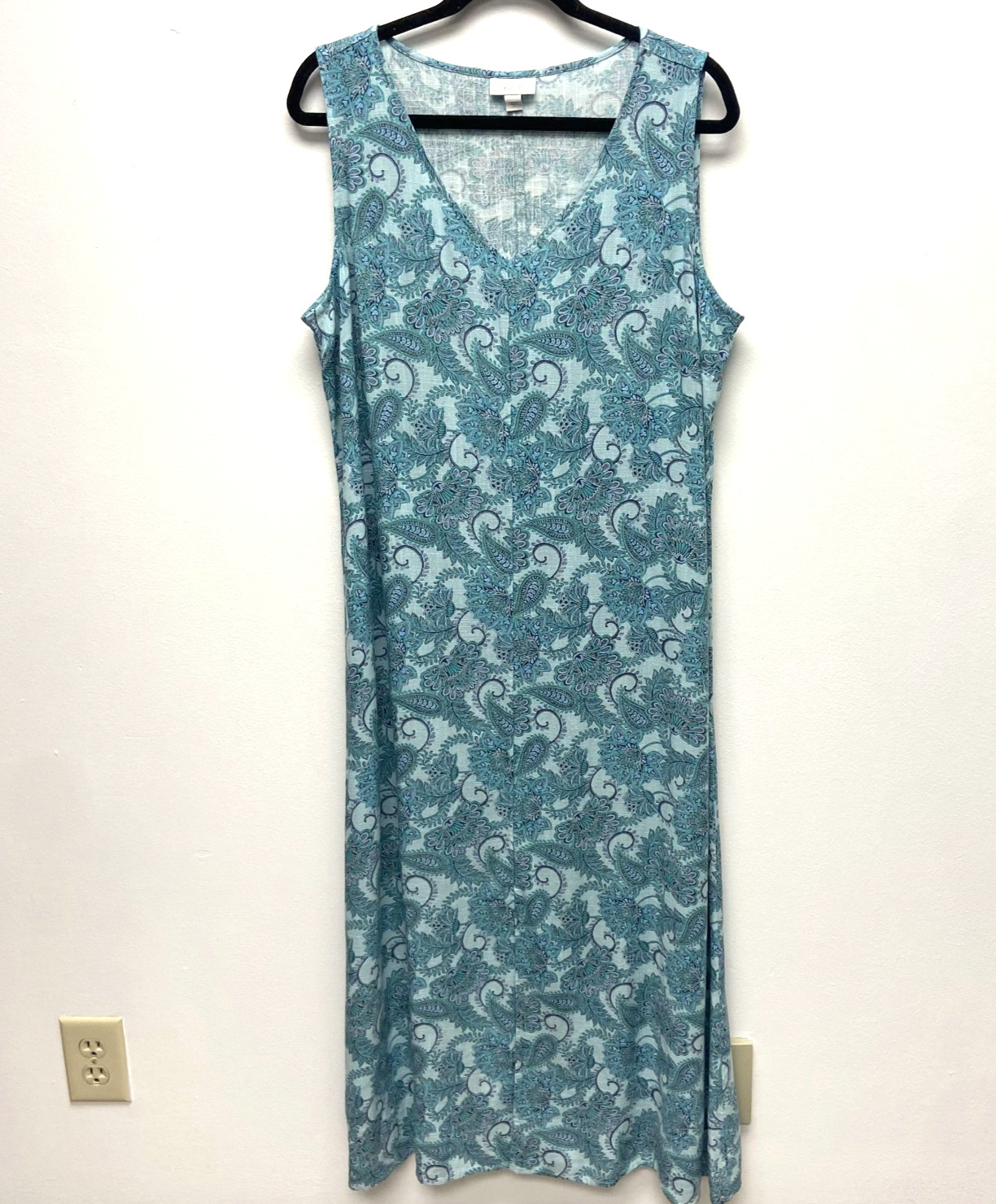 Pure J Jill Linen Blend Maxi Dress Blue Teal Paisley V-Neck Sleeveless L Slit