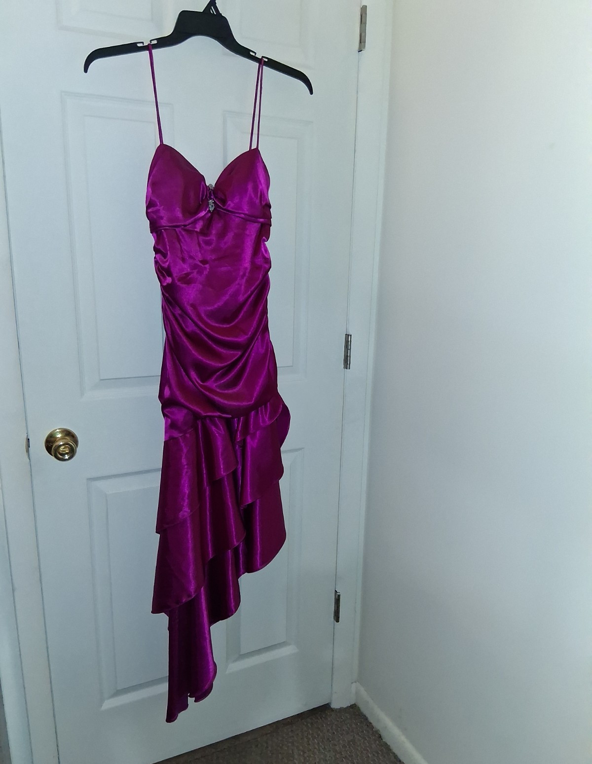 Blondie Nites Fuchsia Satin Ruched Hi-Low Dress Spaghetti Strap Sweetheart 3