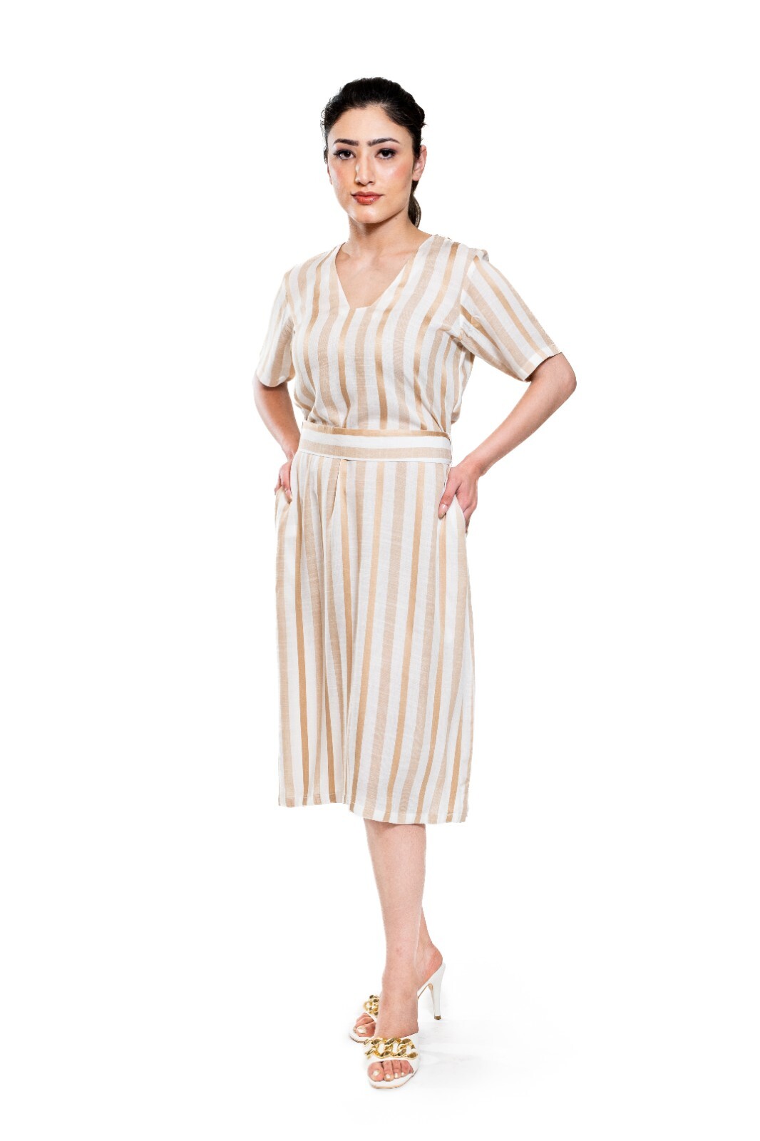 Women’s premium dress, super soft, comfortable wearing, gold and beige color