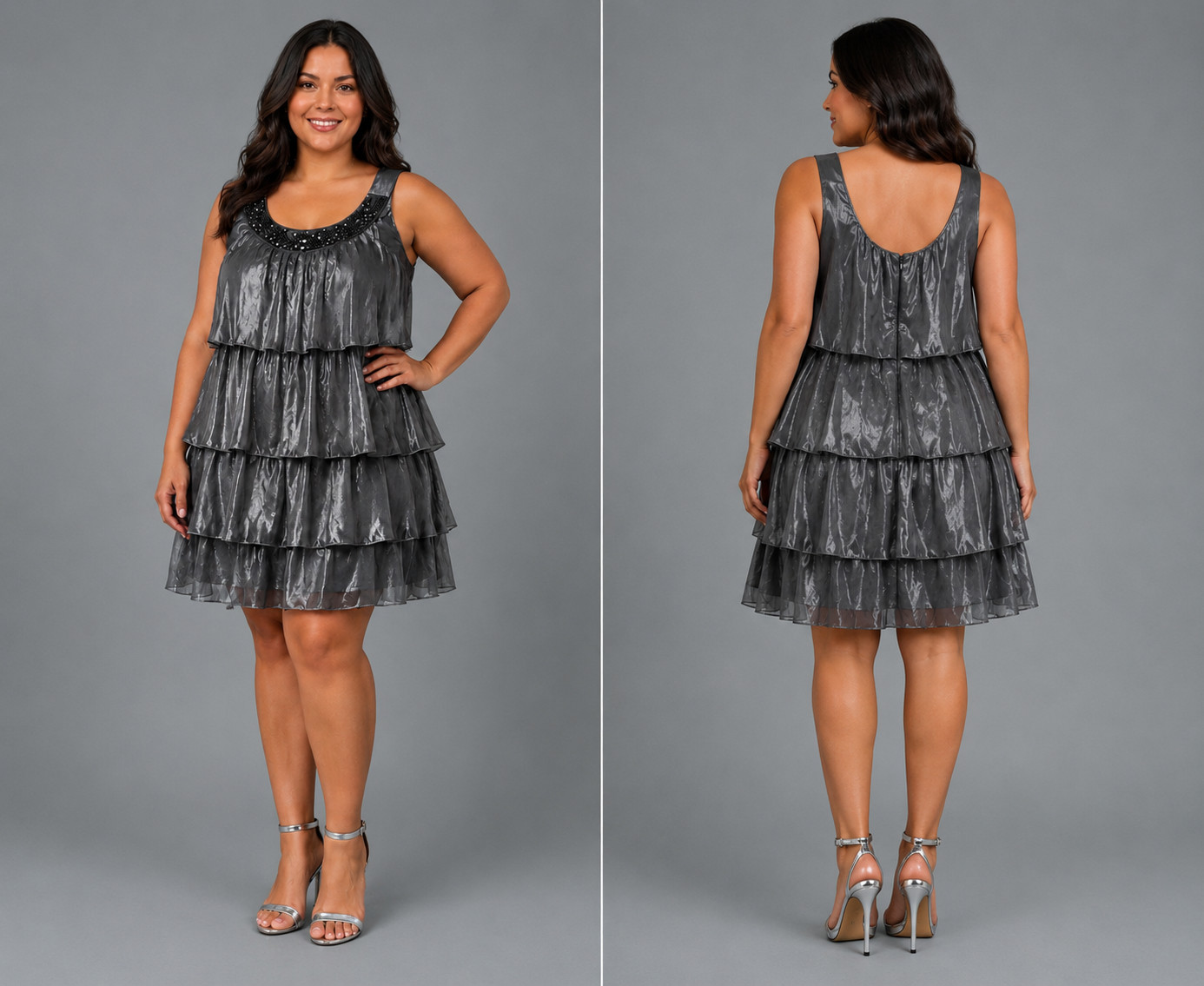 Dressbarn Gray Beaded Layered Sleeveless Short Shift Dress with Ruffle XL