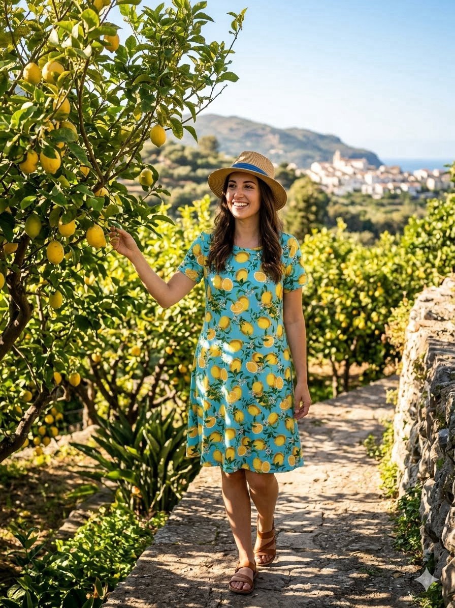Yelete Lemon Print T-Shirt Blue Swing Dress Amalfi Italian Summer Short Sleeve M