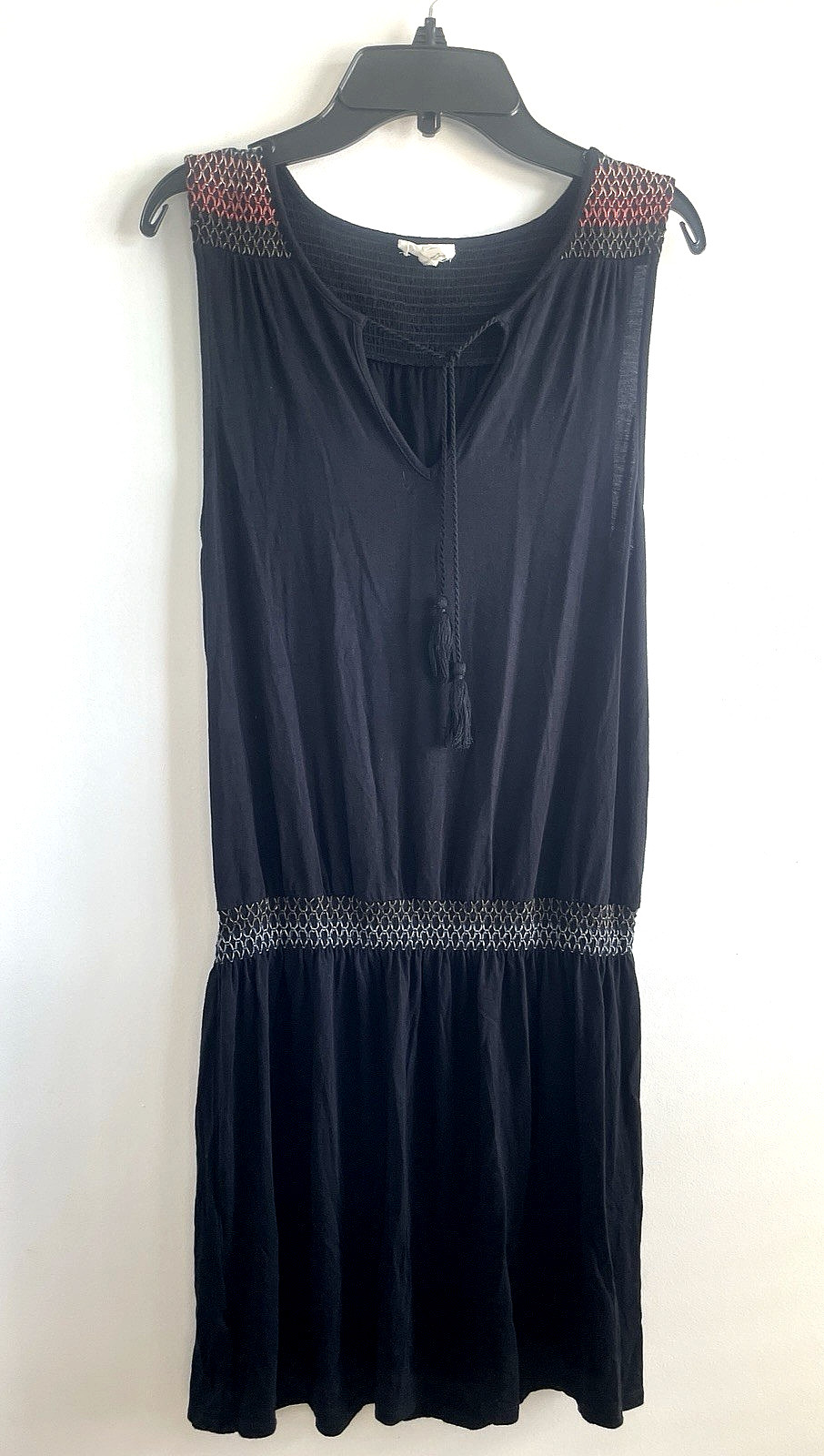Soft Joie Embroidered Smocking Boho Dress Black Knit Blouson Mini S