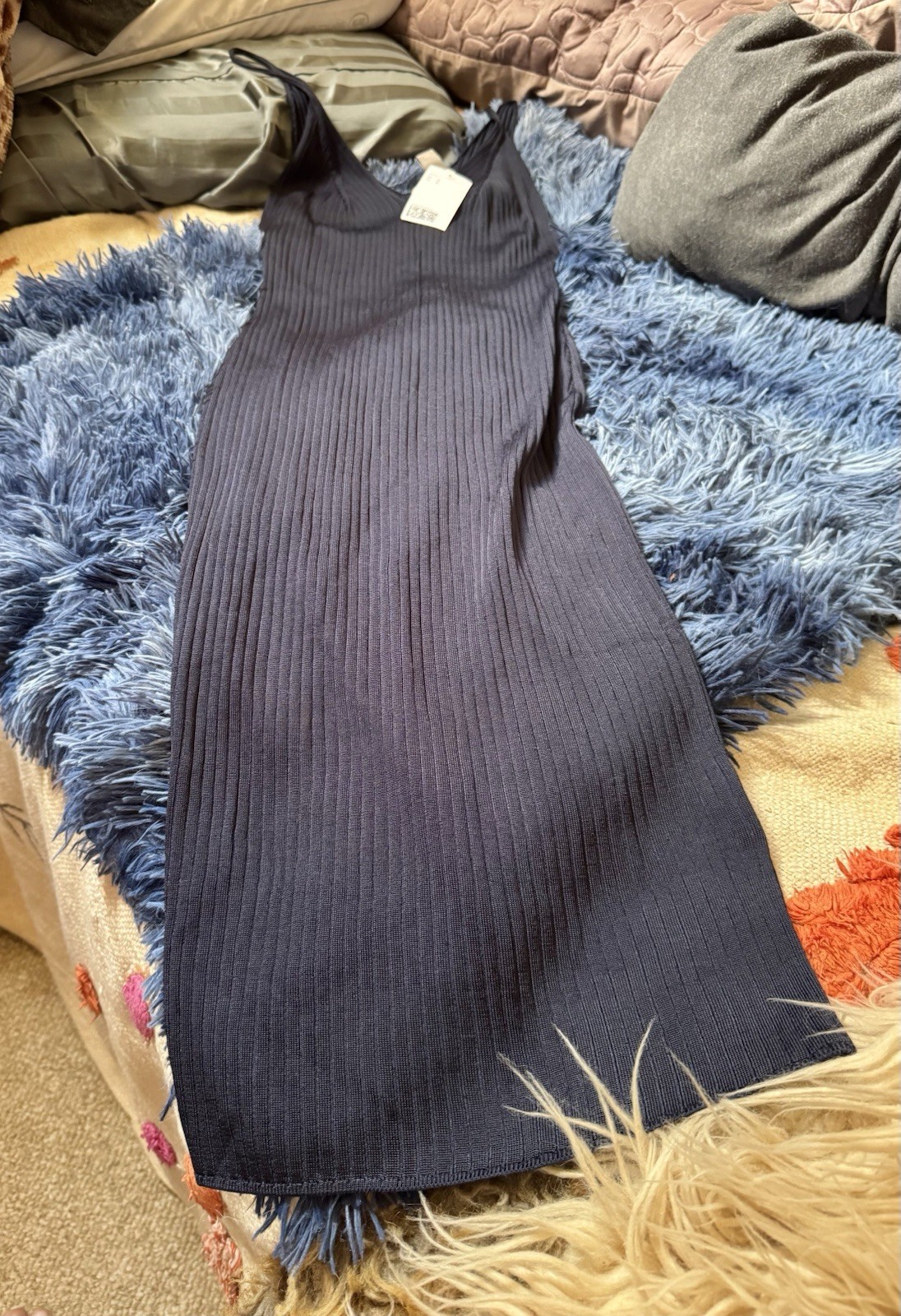 H&M Navy Blue Ribbed Midi Dress Viscose Polyamide V Neck NWT S