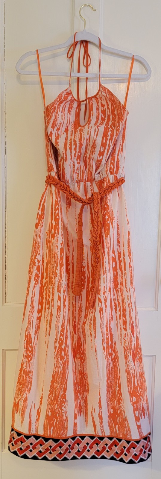 Designer Summer Dress with Belt & Embroidered Hem – Size Small – 100% Cotton