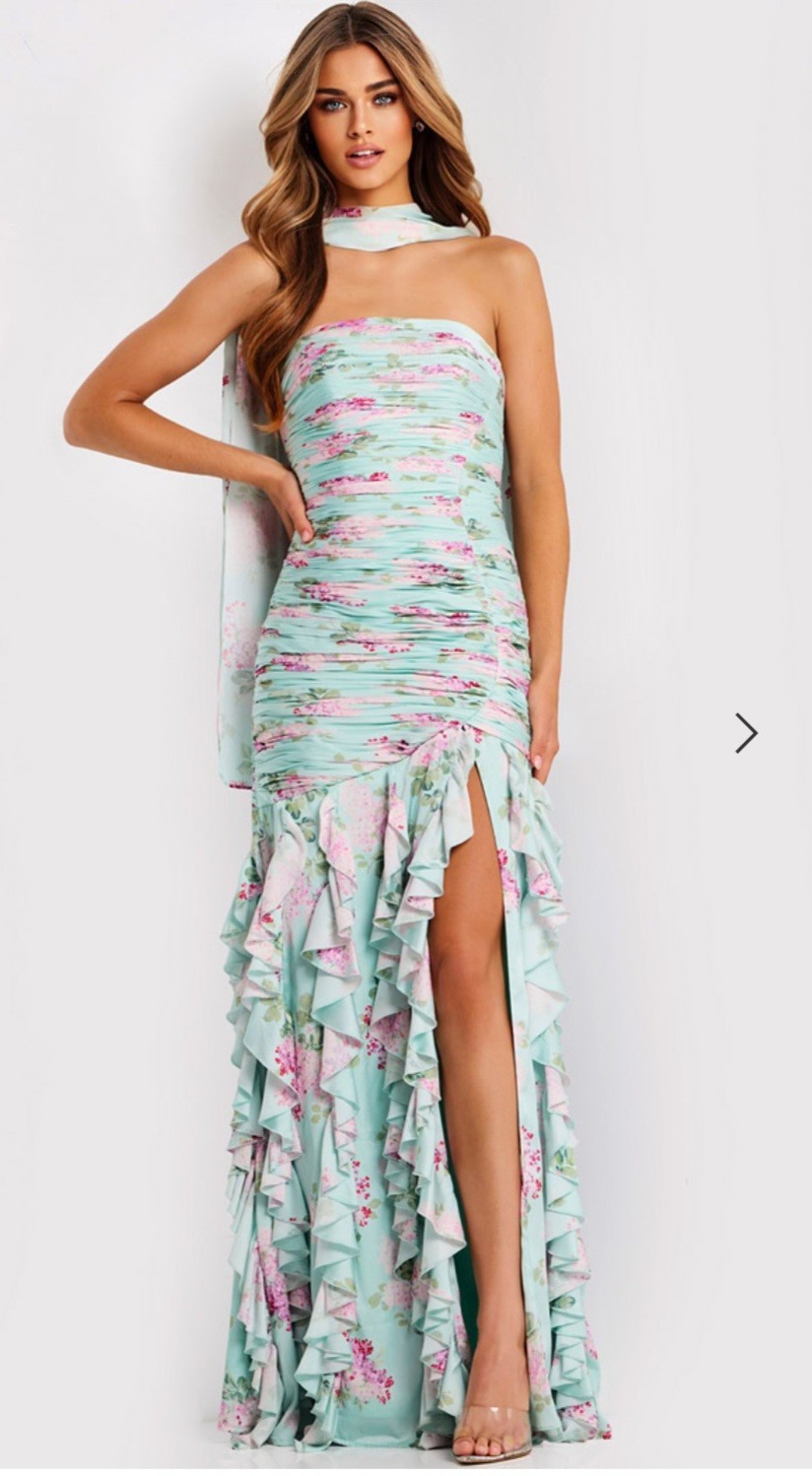 Jovani Floral Strapless Ruffle Dress with Scarf Size 10 #47580