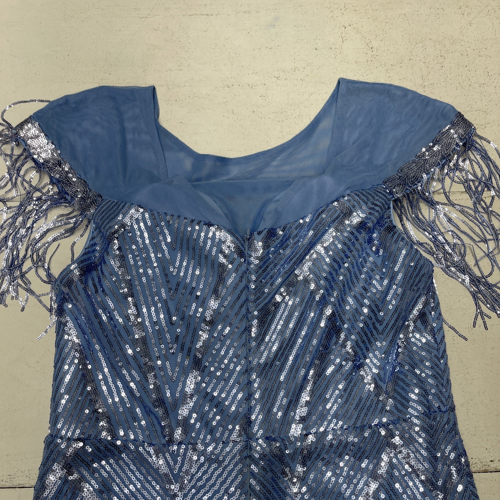 Unithorse Blue Sequin Fringe Sleeve Trim Mermaid Hem Formal Maxi Dress Women XL