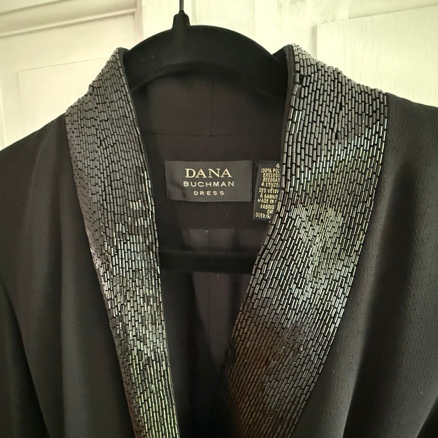 Dana Buchman Black Wrap Dress Size 4 NWT Sequin Collar & Cuffs Evening Cocktail