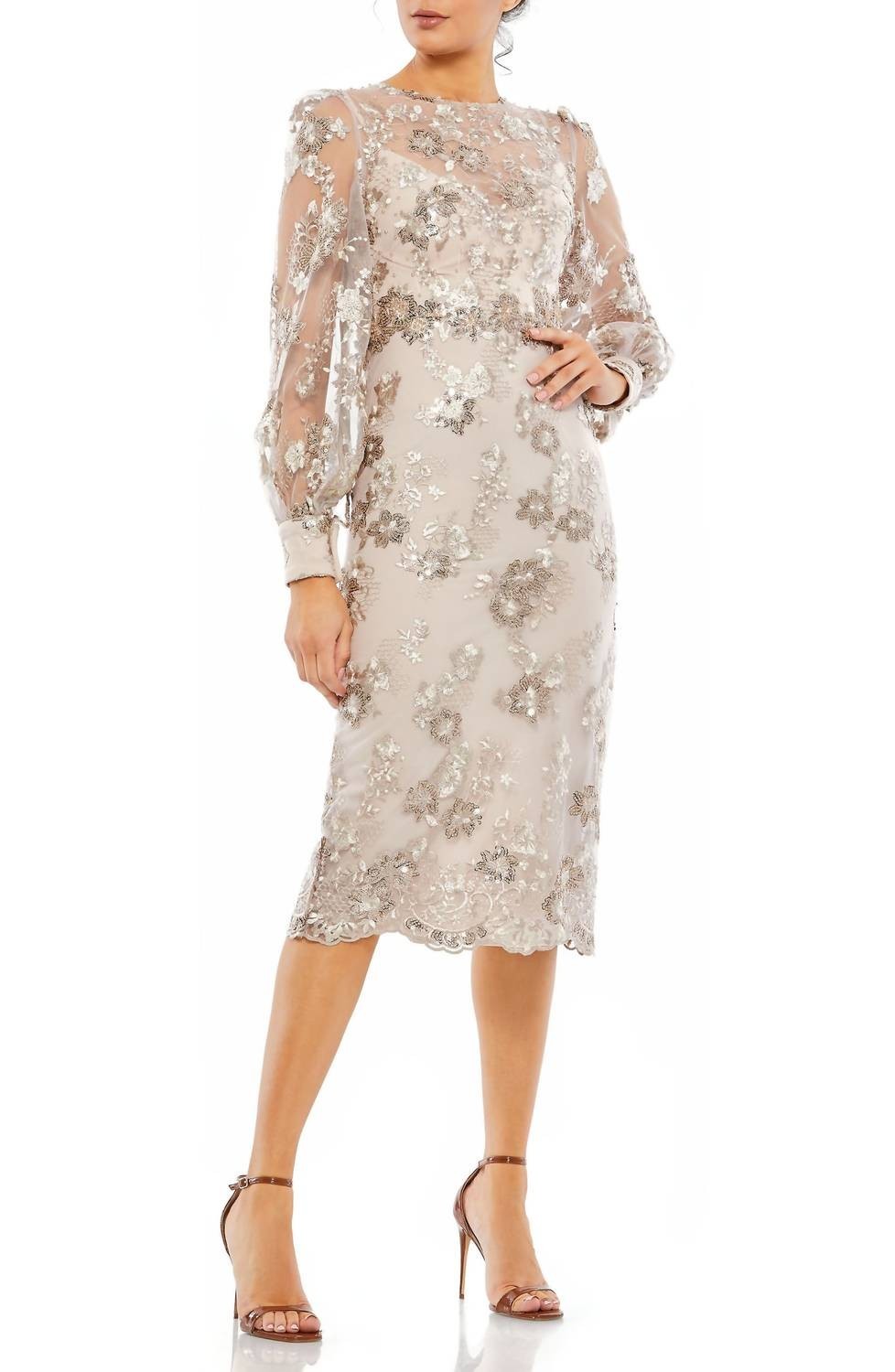 Mac Duggal Mocha Beige Embellished Illusion Long Sleeve Midi Dress Size 14 $338