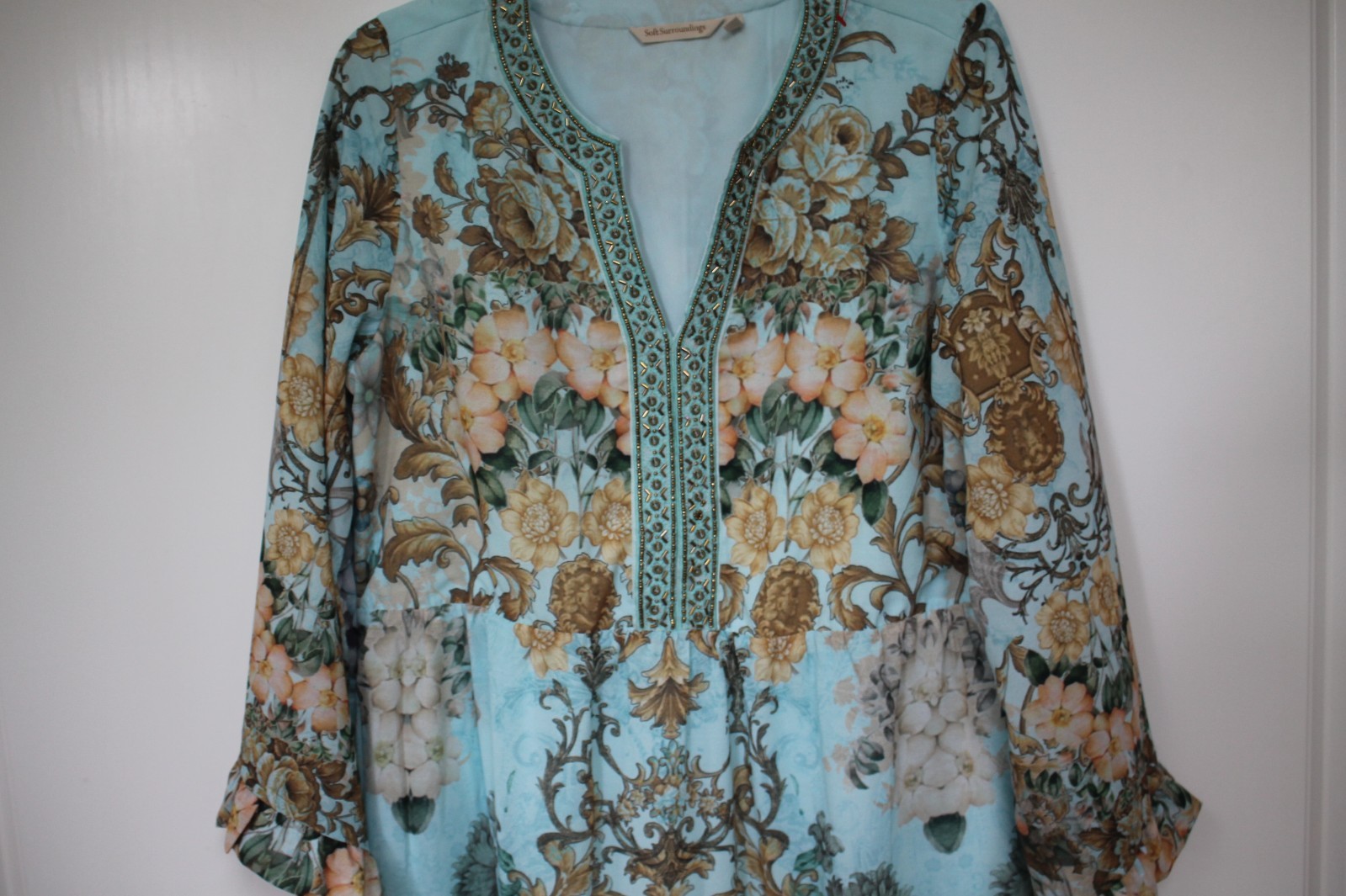 Soft Surroundings Blue Gold Floral Baroque Bead V-Neck Tier Maxi Dress M SUPERB!