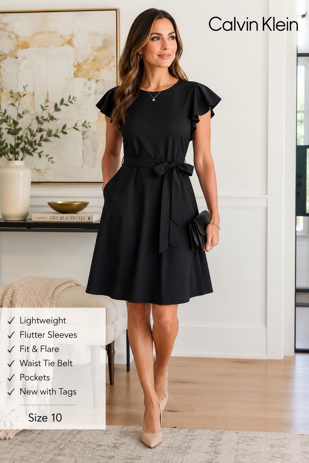 Calvin Klein Dress Womens 10 Black Fit & Flare Flutter Sleeve Belted Pockets NWT