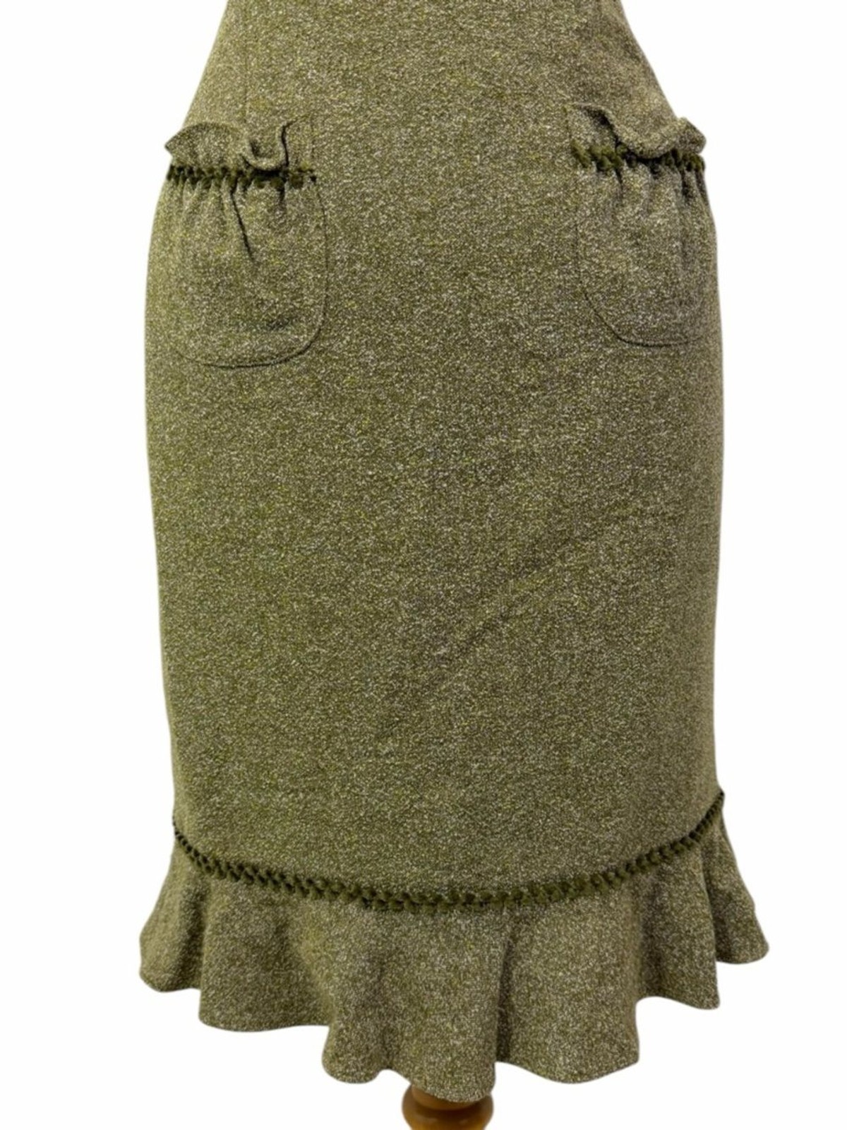 David Meister Olive Green Wool Boucle Ruffle Hem Sleeveless Sheath Dress 6