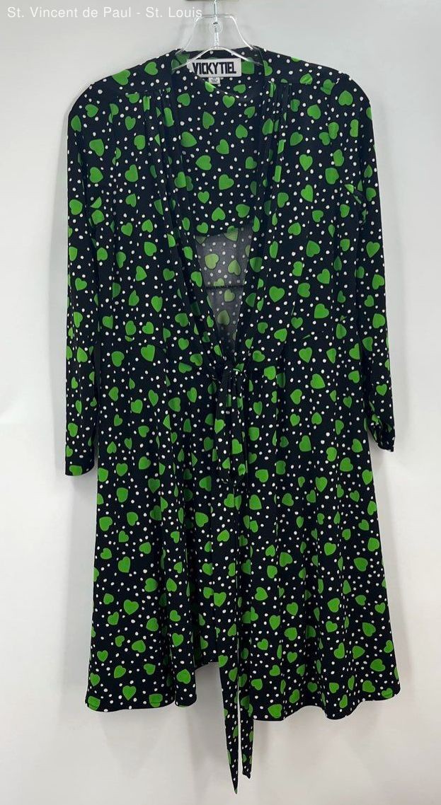 Vicky Tiel Womens Dress Black Green Heart Polka Dot Long Sleeve Tie XS Wrap