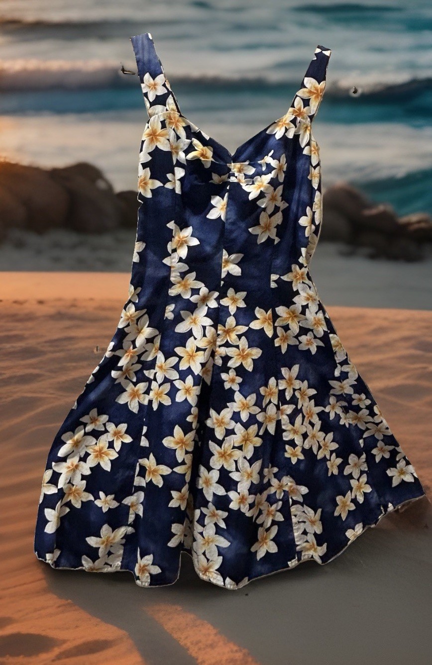 Royal Hawaiian Creations Tropical Navy Blue Dress Smocked Zipper Cotton Sz Large