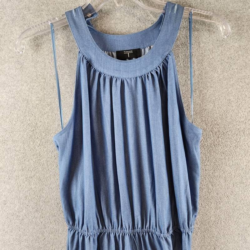 T Tahari Tiered Fit & Flare Halter Maxi Dress Womens M Denim Belted Button Strap