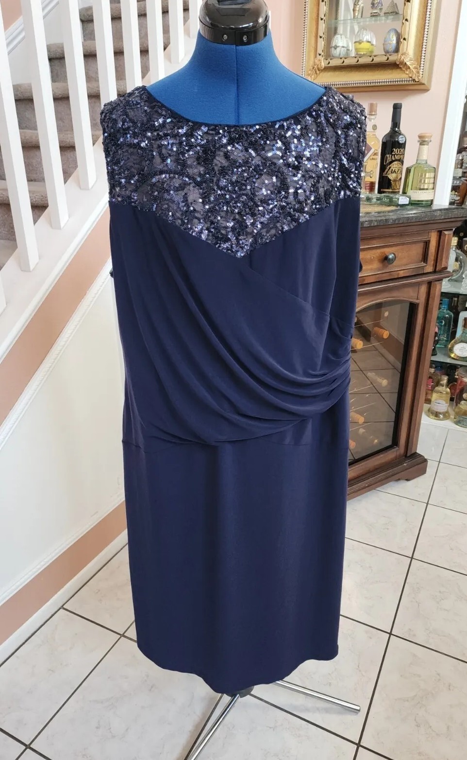 NWT RALPH LAUREN Blue Sequin Round Neck Side Gathered Sleeveless Dress 22W $165