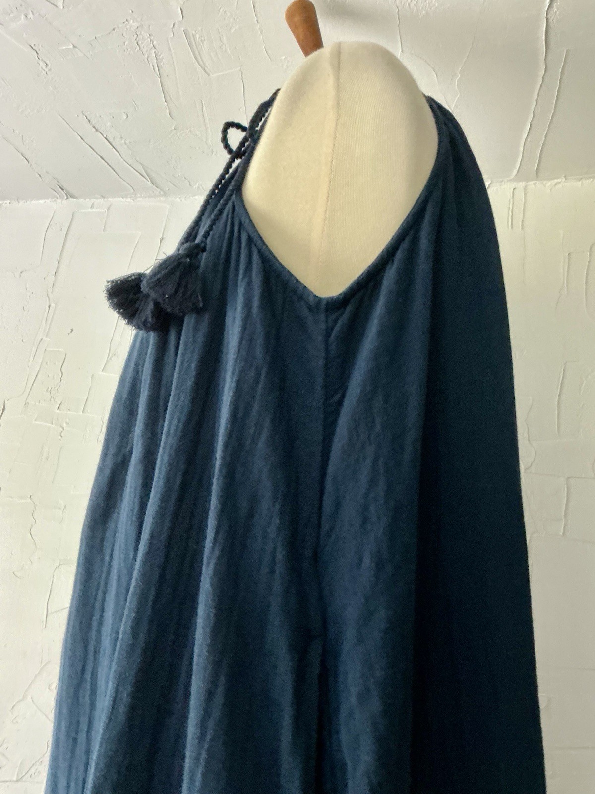 Time & Tru Sun/Tent Dress Maxi Drawstring Slit Cotton Tassels M(8-10) Navy Blue