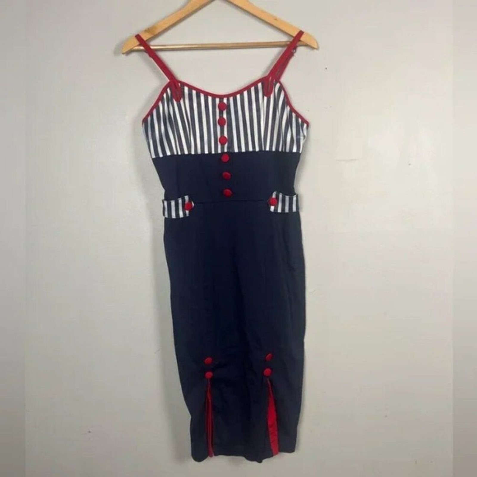 🎀Voodoo Vixen Sailor Rockabilly Blue and Red fitted wiggle nautical dress S