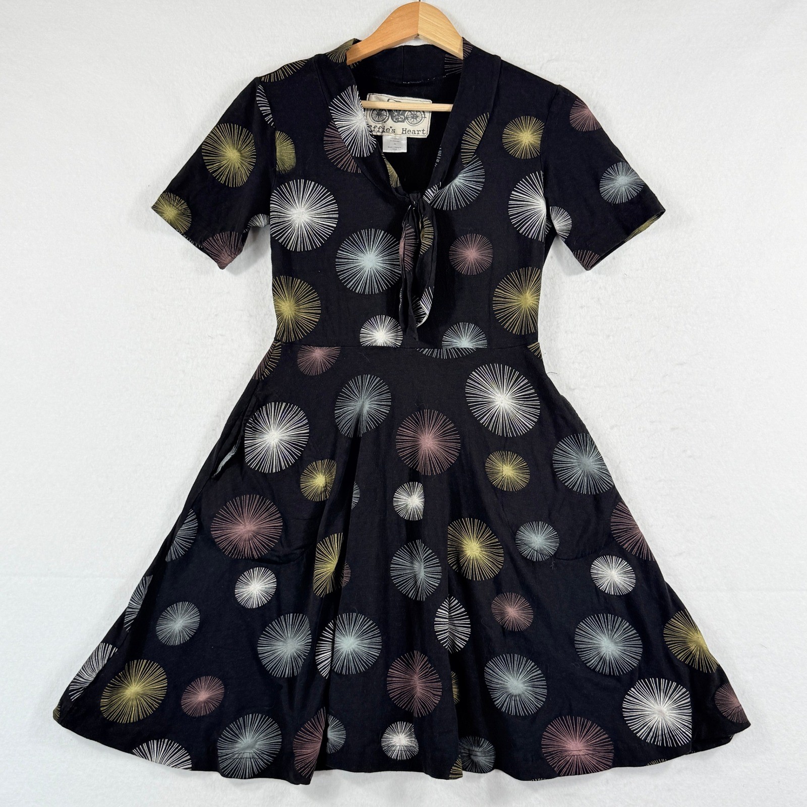 Effie’s Heart Dress Women Medium Black Burst Mod Tie Neck Retro Indie Artsy