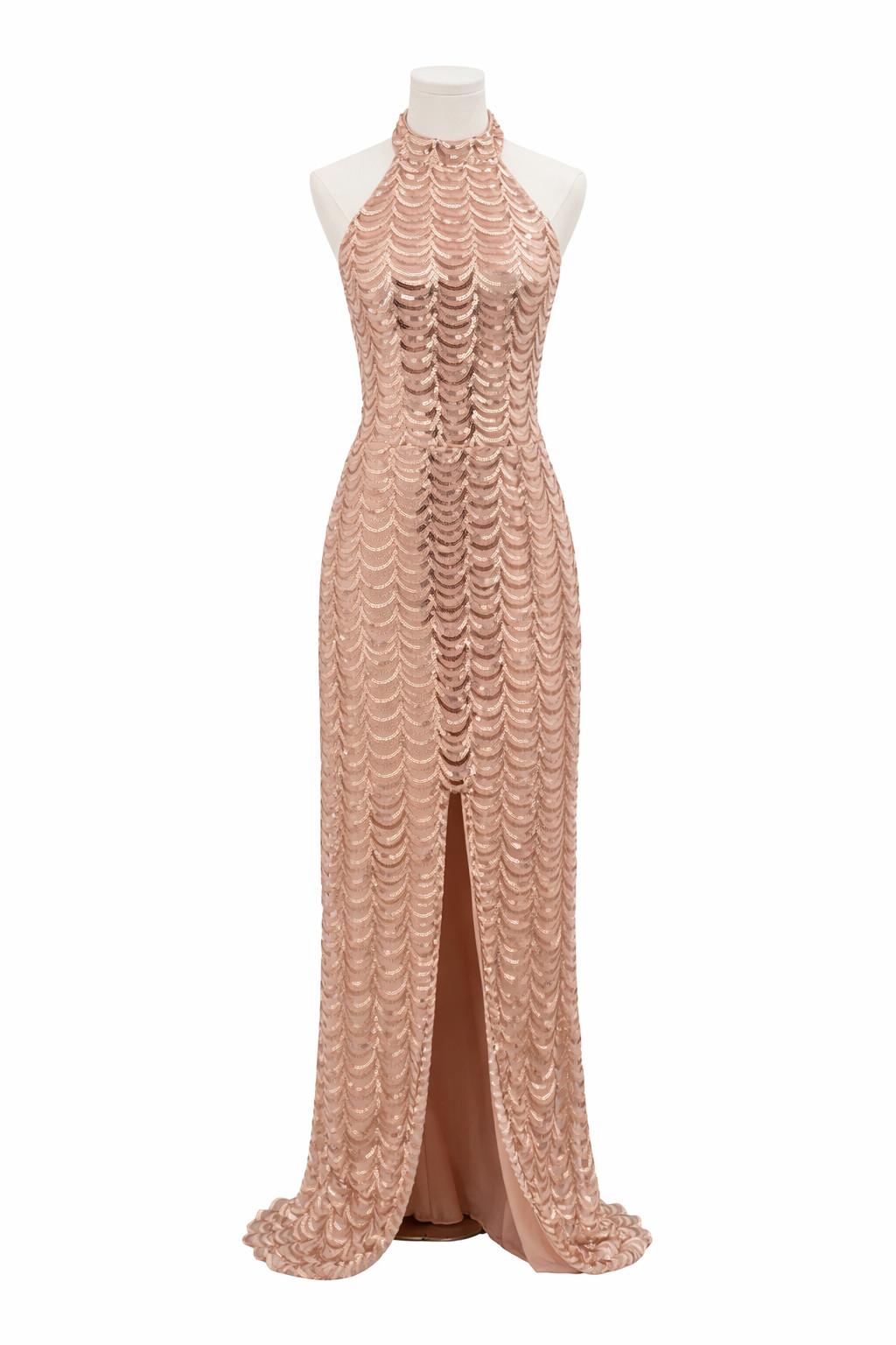 Lulus L Rose Gold Sequin Halter Maxi Dress Slit Formal Party Gala Wedding Guest