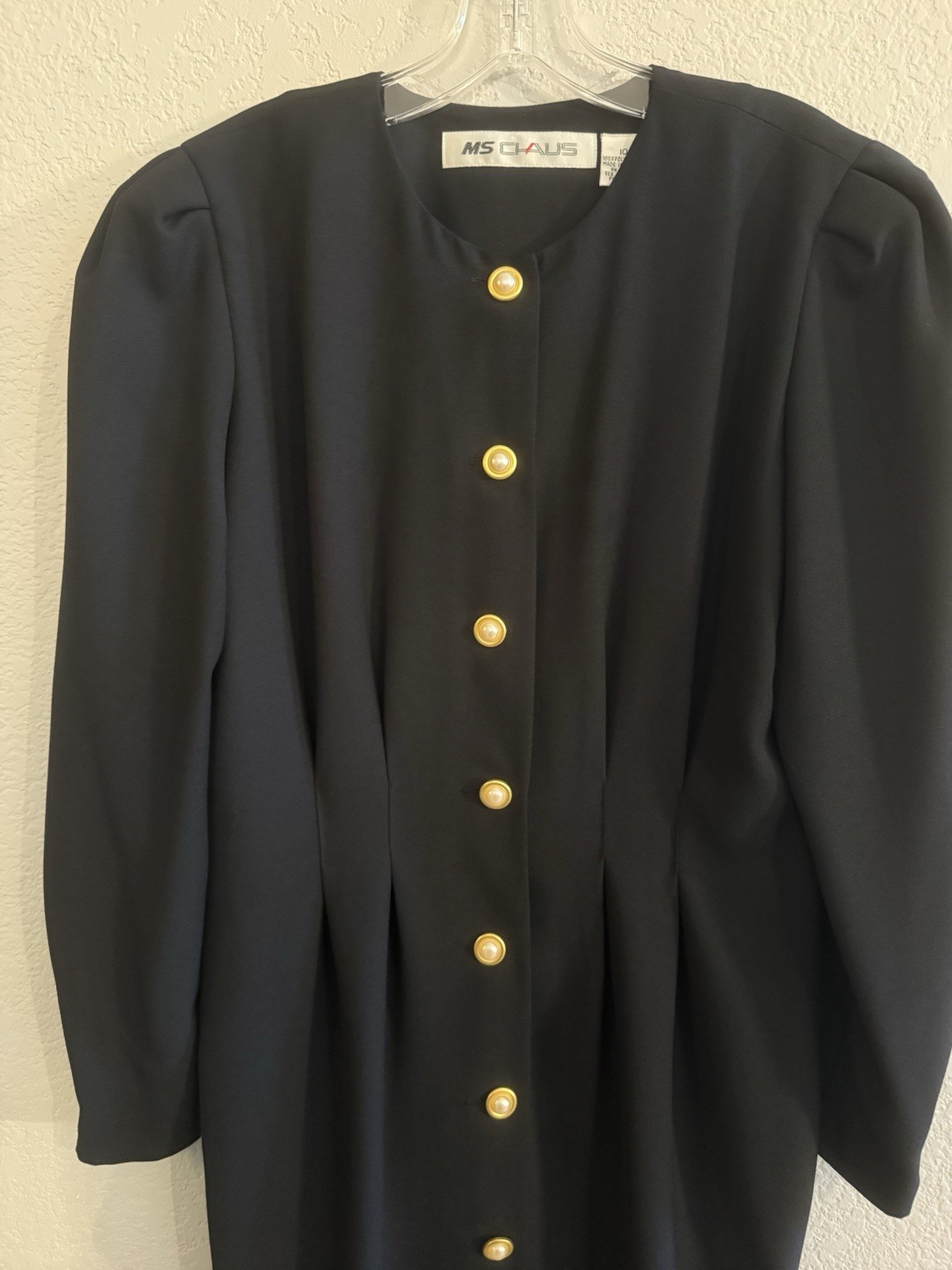 MS Chaus Pearl Button Front Sheath Career Midi Dress Long Sleeves Sz 10 Black