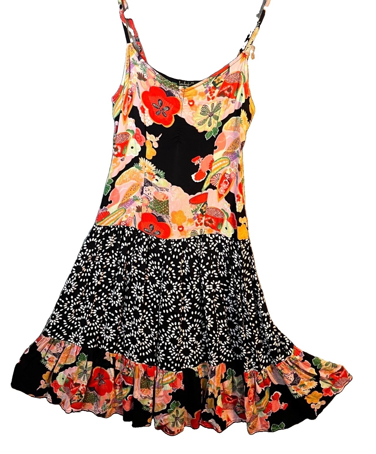 Loco Lindo Vintage Floral Polka Dot Patchwork Ruffle sun Dress bias cut Y2K Xs