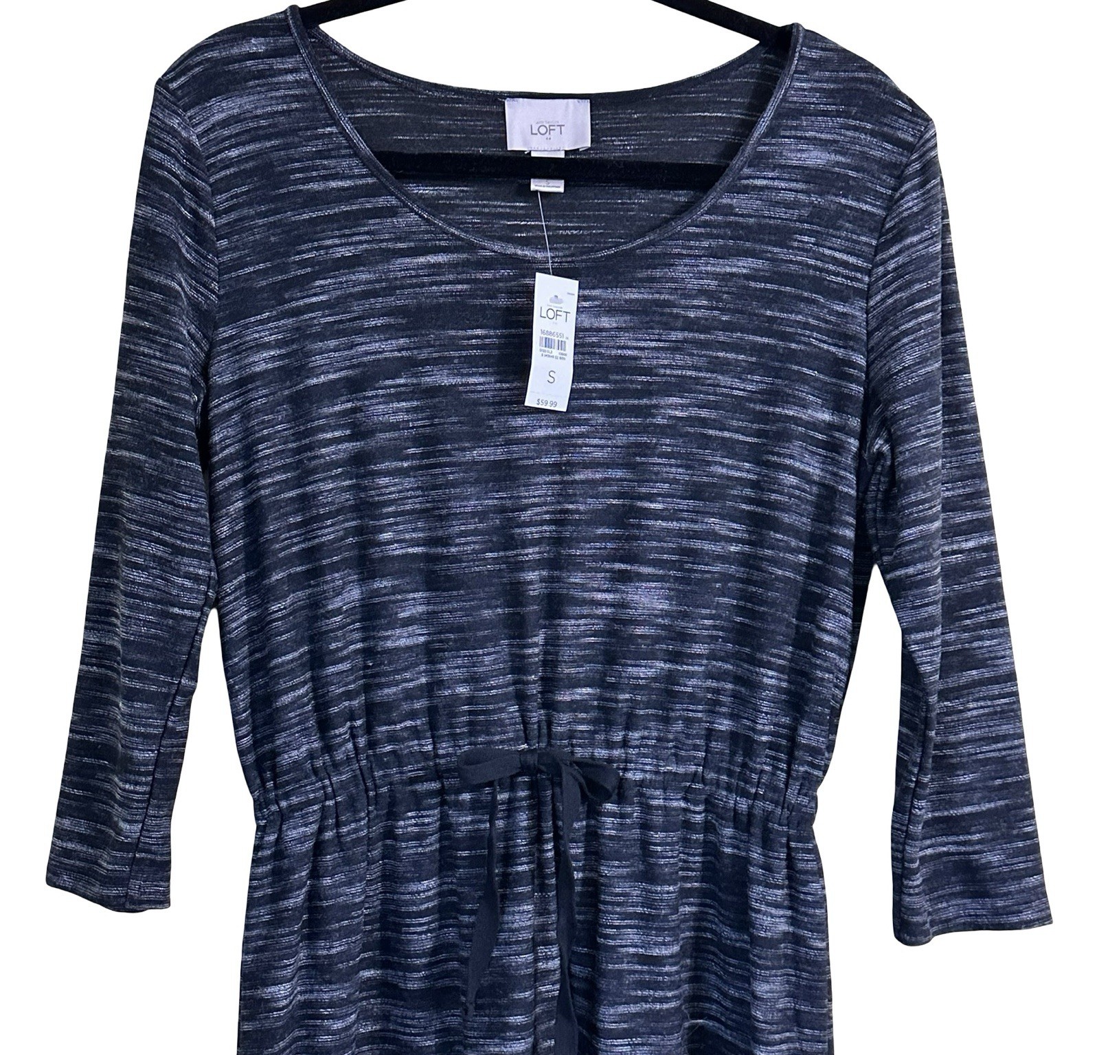 Loft NWT Black & Gray Marled 3/4 Sleeve Scoop Neck Tie Waist Knit Dress Sz Small