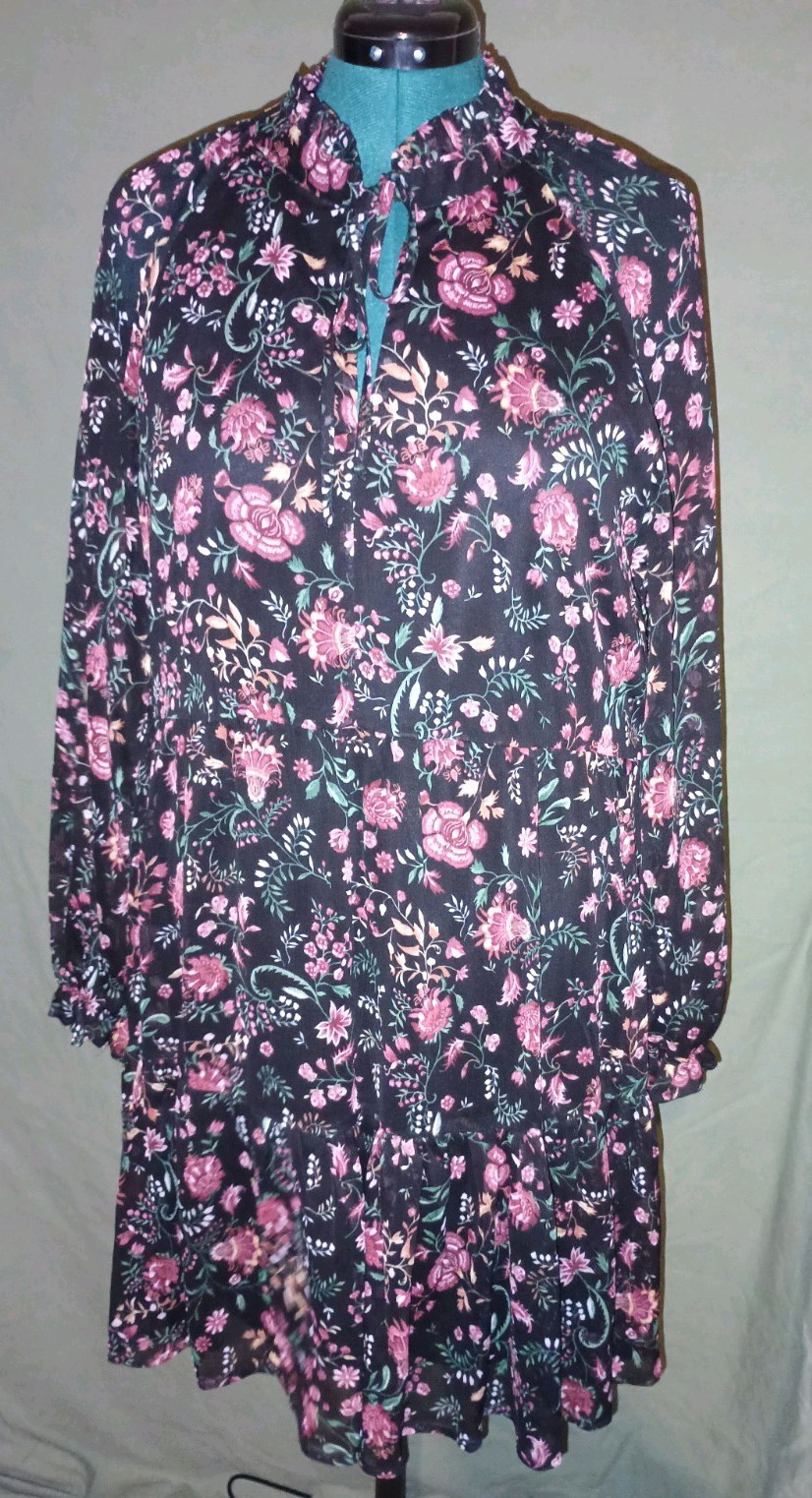 Harper 241 Dress Size 14 Black Floral Long Sleeve Tie Neck Boho Midi Dress