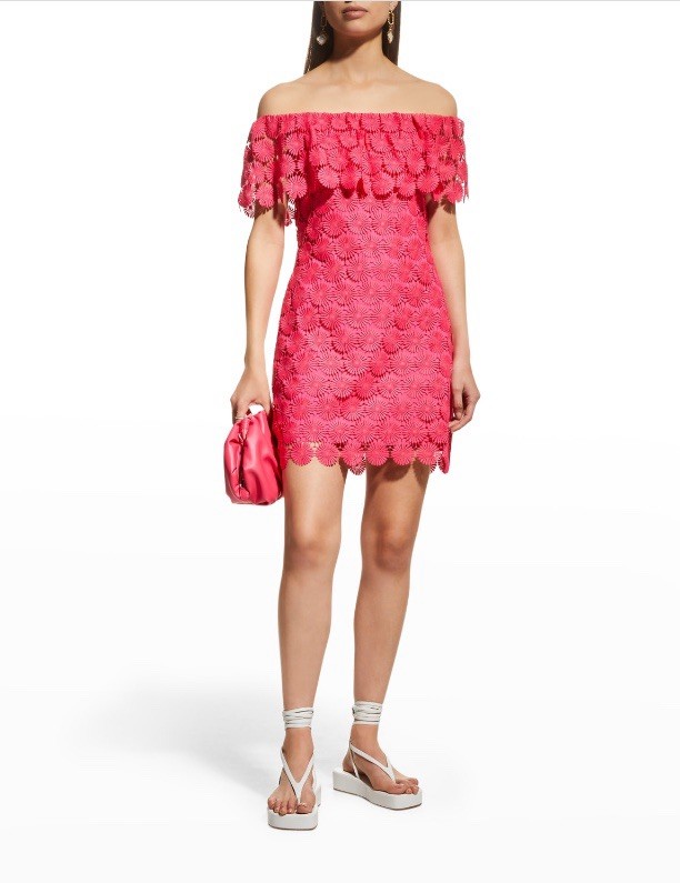 Trina Turk Pink Crochet Mini Dress Off Shoulder Size XL Floral