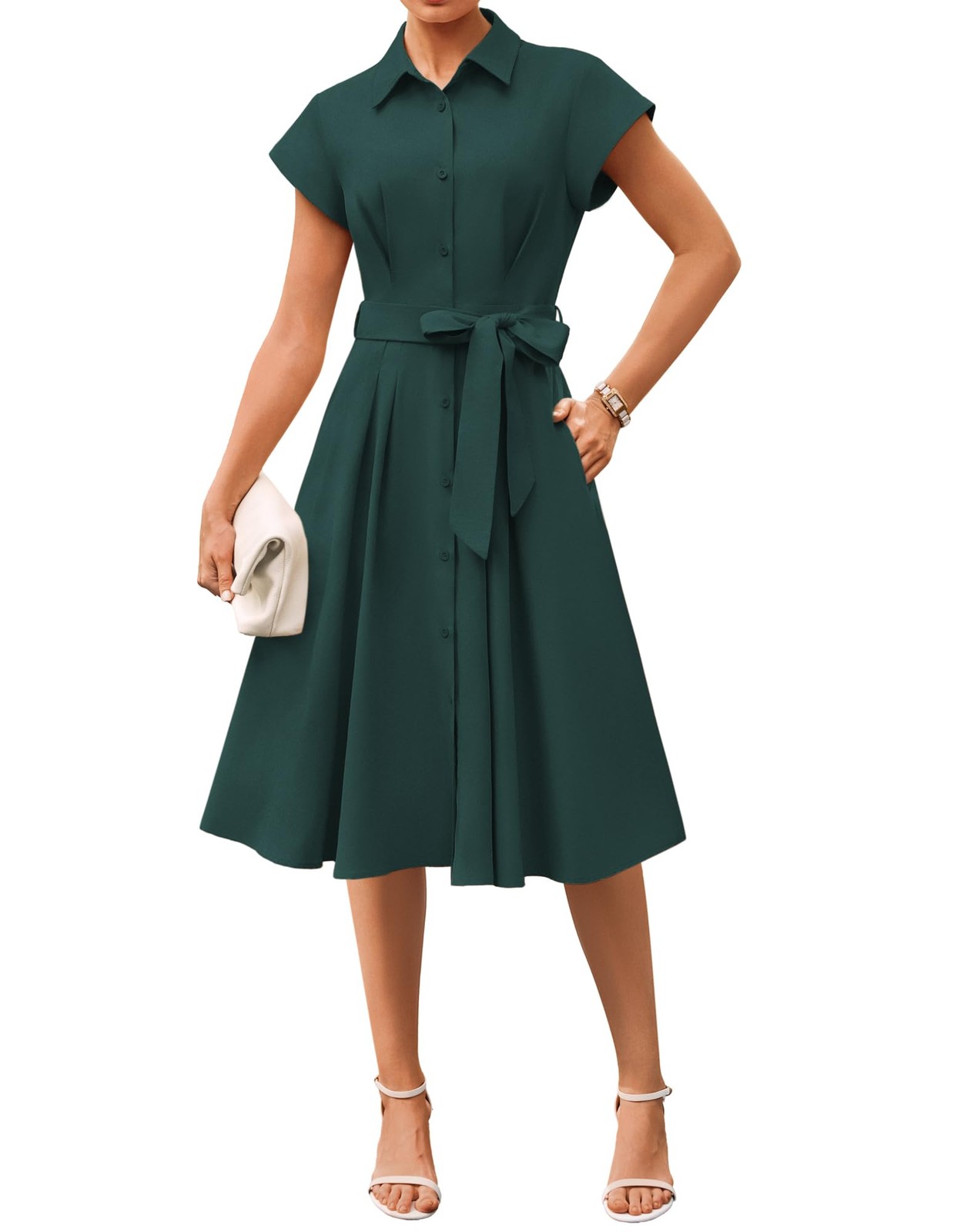 Womens Work Business Casual Midi Shirt Dresses Dark Green 2XL