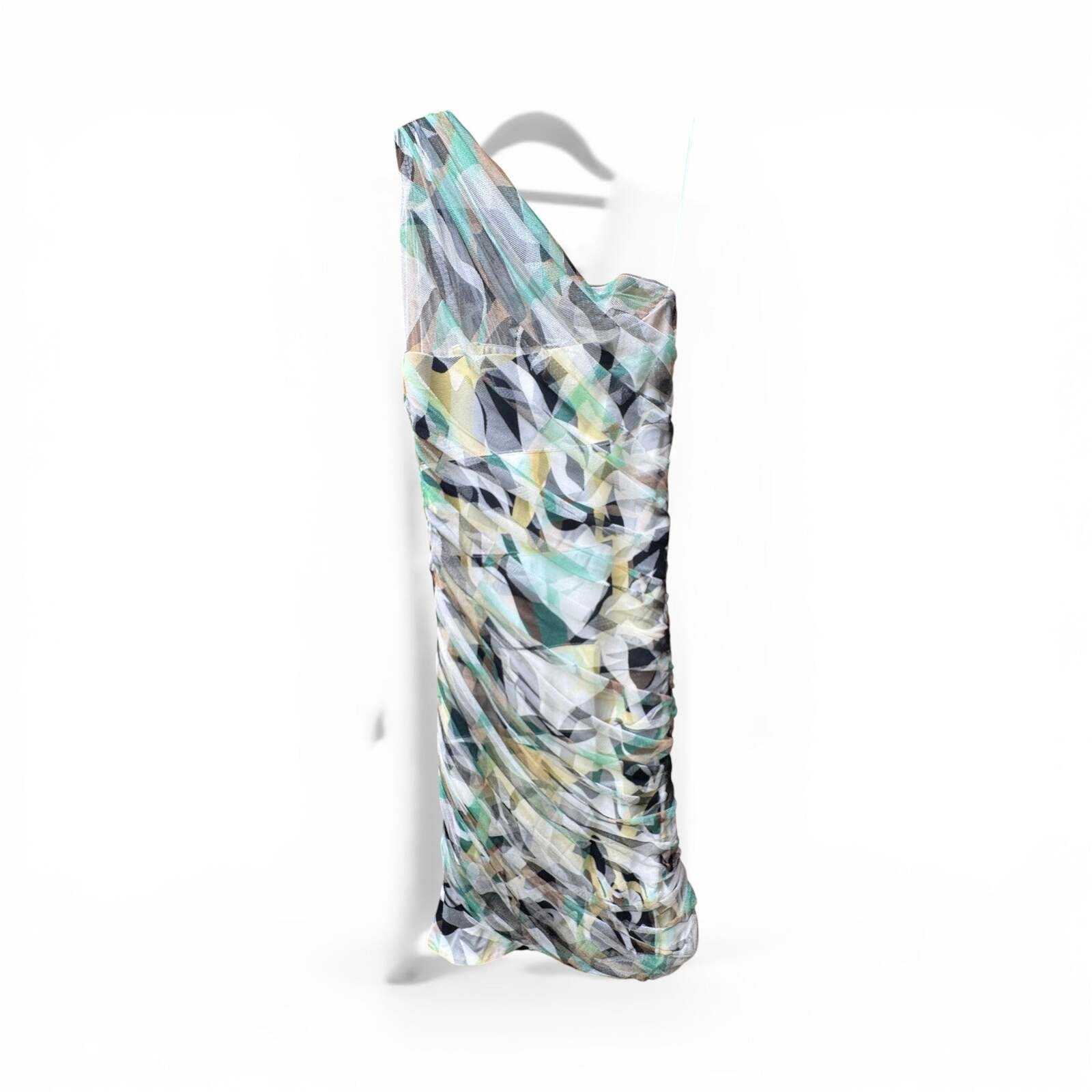 Roberto Cavalli Multicolor Abstract Mesh Mini Dress One Shoulder Draped US 2 NWT